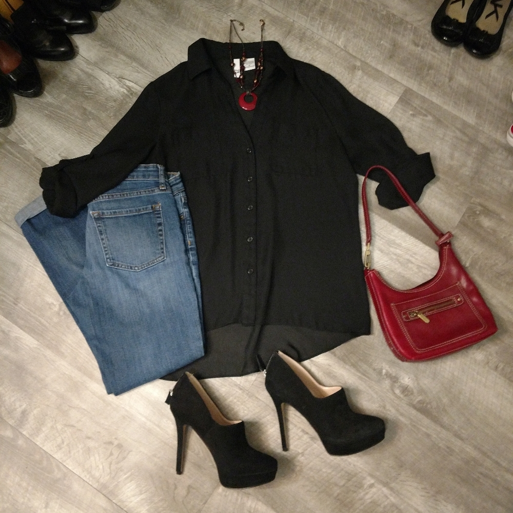 Sheer black high-low button up blouse